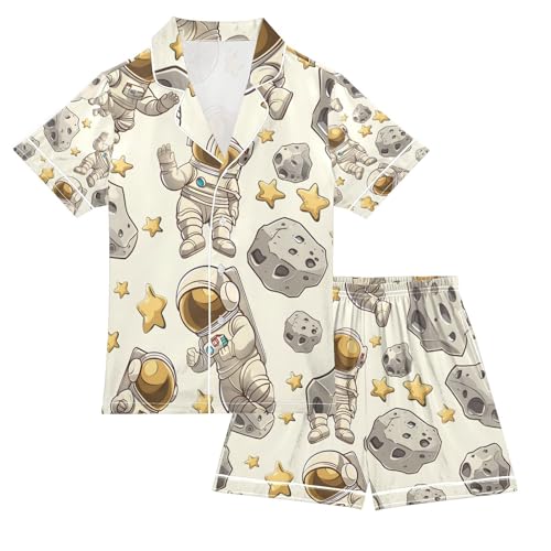 senya Cartoon Astronauts Stars Satin Summer Pajama Sets Silk Short Sleeve Button Down Sleepwear