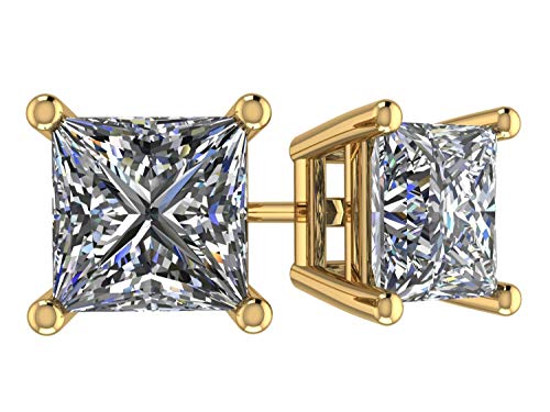 Silver Swarovski Zirconia Princess Cut C Stud Earrings Hypoallergenic -Yellow Gold Plated 5.5mm-2.0cttw