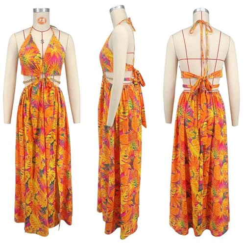 Image of Qikaka Women's Sleeveless Deep V Neck Floral Printed Metal Chain Bodycon Sexy Nightclub Party Boho Dress