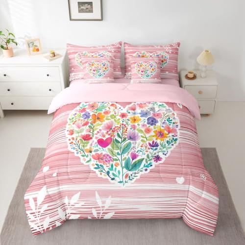 Image of Erosebridal Pink Valentine 7 Piece Bed in A Bag King Comforter Set Love Heart Flowers Bedding Set for Girls Romantic Floral Heart Shaped Sheet Set with Comforter Geometric Stripes Cottagecore Quilt