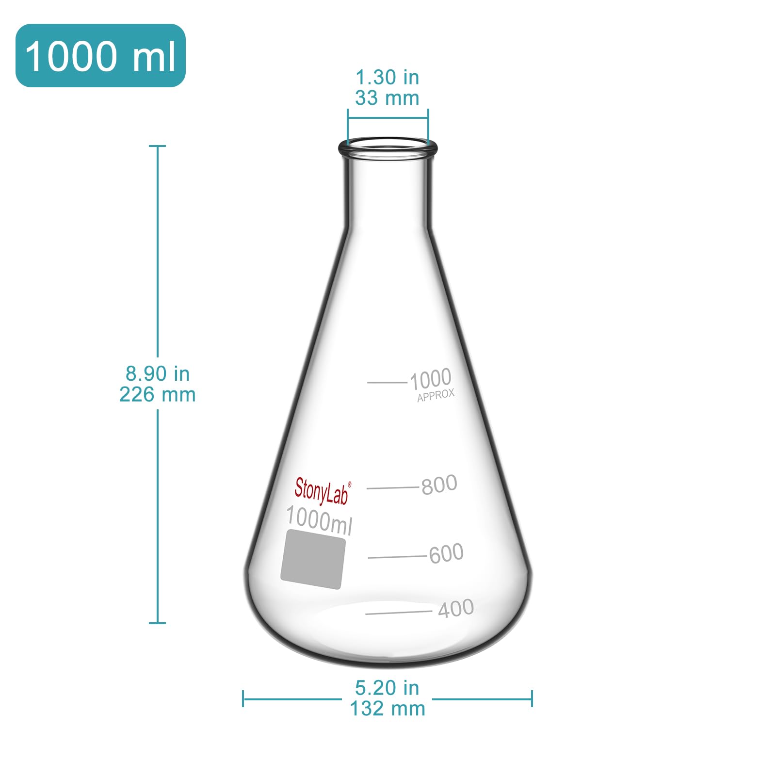 stonylab 1-Paquet Erlenmeyer Fiole en Verre Borosilicate, Erlenmeyer Flask à Paroi Épaisse avec Bord Résistant - 1000ml