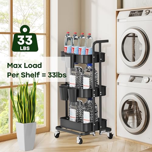 Image of DTK 3 Tier Foldable Rolling Cart, Metal Utility Cart with Lockable Wheels, Folding Storage Trolley, 3 Small Baskets and 6 Hooks for Living Room, Kitchen, Bathroom, Bedroom and Office, Black