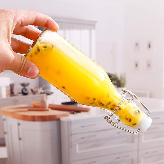 Image of Clear Glass Bottles with Airtight Swing Top Lids - Leakproof Reusable Glass Jars for Juice, Oil, Water, Milk, Kombucha, Vinegar, Beverages - Round, Pack of 2