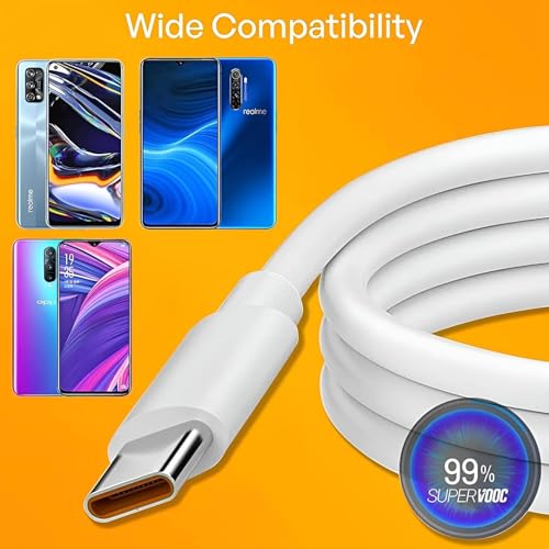 Image of Realme Original 65W Supervooc USB Type C Charging Data Cable for Realme 12 pro plus /11 pro /11 /10 /9 /9i /Narzo 60 Pro /60 /50 /50 pro /30 Support 67W Superdart and 33W Dart Also Quick Mobile Charge, White