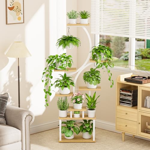 Image of Plant Stand with Grow Lights for Indoor Plants, 8-Tiered Tall Corner Plant Shelf with Full Spectrum Light, S-Shaped Space-Saving Narrow Flower Holder, Anti-Tip for Living Room Bedroom Office, Natural