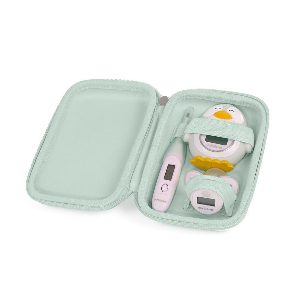 Miniland Set de Tres Termómetros Digital para Bebé con Práctico Neceser, Termómetro Chupete, Termómetro Corporal, Termómetro Baño | Thermokit Mint