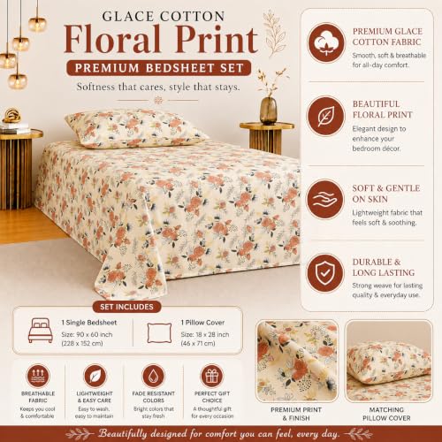 Image of IVAZA Turkish Cotton 280 TC Super Soft Warm Bedsheet Set for Single Size Bed, Durable bedsheet with 1 Pillow Cover Tan