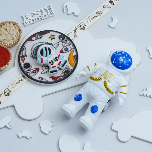 Image of eCraftIndia Astronaut Rakhi for Kids with Best Bro Ever Fridge Magnet | Kids Rakhi for Brother Bhaiya Bhai | Astronaut Gift | Roli Chawal Pack