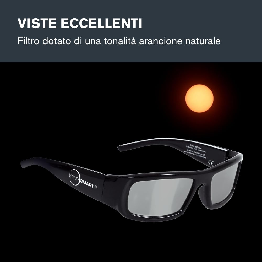 Celestron EclipSmart Kit osservazione/immagini eclissi solari 3 pezzi. Occhiali solari, filtro fotocamera, guida eclissi. Filtri conformi norme di sicurezza internazionali per l’osservazione solare