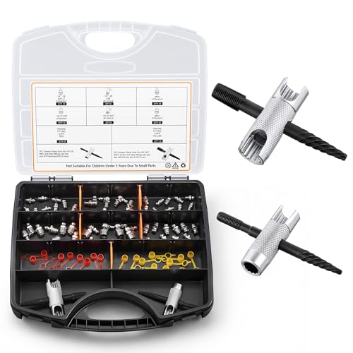 Dreyoo Complete Grease Fitting Replacement Kit, Grease Gun Zerk Fitting Tool & SAE and Metric Zerks & Multi-Tools & Protective caps, Removal Cleaning Tools Assortment