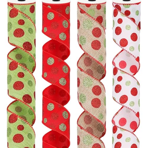 クリスマスワイヤーリボン、ドットプリントプレゼントラッピングリボンクリスマスデコレーション - 創造的な装飾リボン クリスマスクラフト用品 木の階段窓用