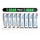 POWXS Batterie Ladegerät mit 4 AA & 4 AAA Akku, 8-Ladeplatz Akku Ladegerät mit LCD Anzeige, Schnell Akkuladegerät für NI-MH NI-CD AA/AAA Akkus USB & Typ-C Eingang