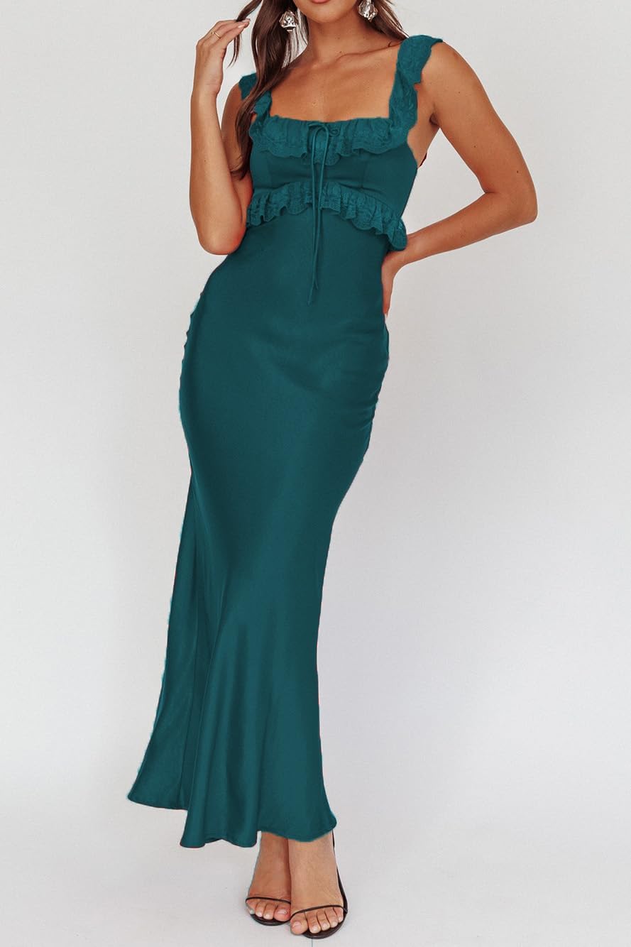 Satin Off The Shoulder Sleeveless Lace Trim Maxi Dress 2025 Summer Elegant Formal Bridesmaid Dresses for Women Wedding Guest - Image 5