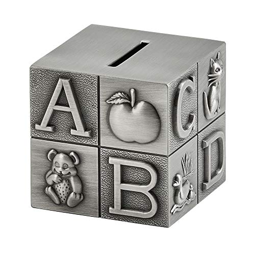 Creative Gifts International Pewter ABC Block Bank for Kids, Newborn Gift, Silver, 3”x3”x3”, Matte Non-Tarnish Nickel Plated Finish, Gift Box Included