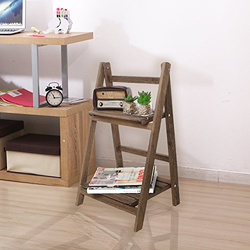 Mygift 2 Tier Rustic Brown Solid Wood Freestanding Foldable Indoor Plant Stand, Decorative Wooden Display Shelf #TOP1