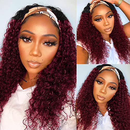 Image of Celiarita Ombre Headband Wig Human Hair Deep Wave 20 Inch Glueless Red Burgundy Machine Made None Lace Front Wigs 1B /99J Dark Wine Human Hair Headband Wigs for Black Women 150% Density