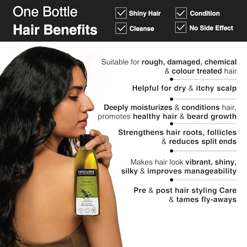 Image of Soulflower Extra Virgin Olive Oil For Hair & Skin | Cold-Pressed for Hair Growth, Anti Hair Fall, Damaged Hair Repair, Fine Lines & Wrinkles | Makeup Primer, Lip & Heel Moisturizer | 100% Pure & Natural for Men & Women - 120ml