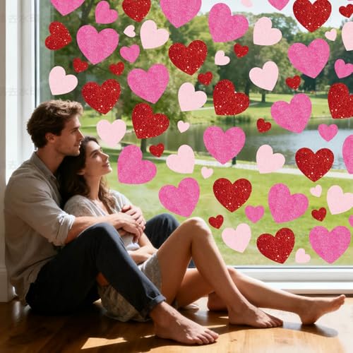 Image of 9 Sheets Valentines Day Window Clings Decorations, Red Heart Decor Stickers | Red Pink Heart Decals for Home, Office, Classroom, Car, Happy Galentine's Day Party, Indoor Cute Romantic Cupid Decor
