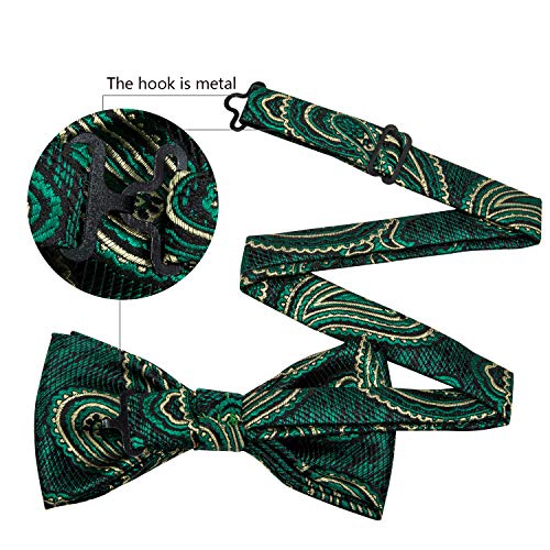 Yohowa Green Gold Bow Tie And Pocket Square Set Pretied Bow Tie With Gold Diamond Ring #TOP2