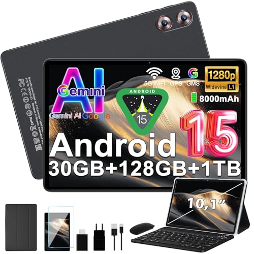 fezawio 10 Pulgadas Tablet Android 15, 30GB RAM+128GB (2TB TF) Octa Core/Gemini AI/Widevine L1/5GWiFi6/8000mAh/5MP+8MP/Tablets con Teclado & Funda & Raton,Gris