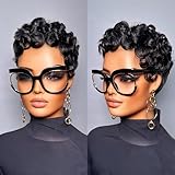 PurpleSexy Short Layered Pixie Curly Human Hair Wigs for Women Chic Pixie Cut Human Hair Wig With Bangs Glueless Full Machine Made Short Curly Wigs Natural Black Color No Lace Front Hair (1b)