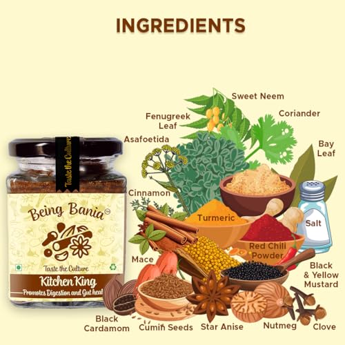 Image of Being Bania Kitchen King Masala, 100g | 100% Natural Spices Mix | No garlic or onion | No MSG | Kitchen masala powder | Exotic Indian Masala Spices | King Masala