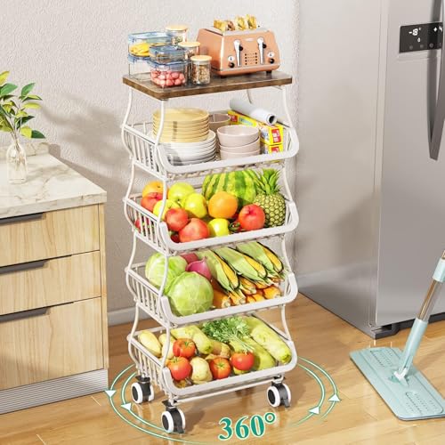 SAYZH Fruit Basket for Kitchen with Wood Top 5 Tier, Stackable Fruit and Vegetable Storage Cart, Wire Storage Basket with Wheels, Vegetable Basket Bins Rack for Onions and Potatoes, White