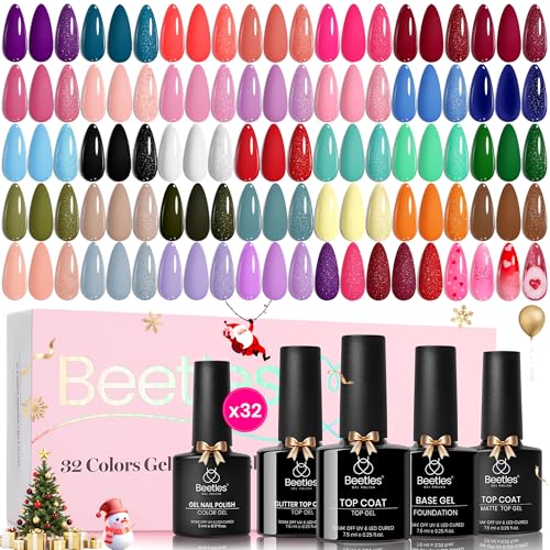 beetles Gel Polish Christmas Gel Nail Polish Set 32 Winter Colors with Base Top Coat Burgundy Red Blue Purple Brown Orange Green Pink Black White Uv LED Lamp Nails Gifts for Women Fingertip Palette