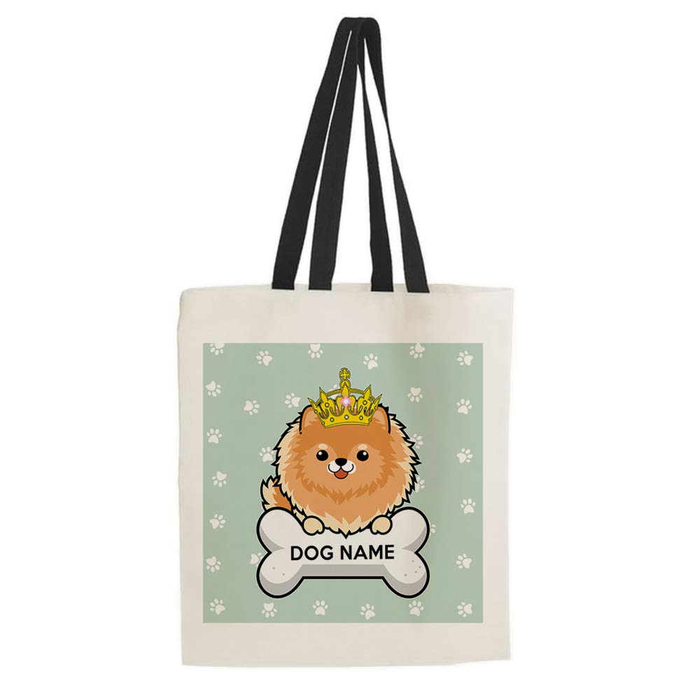Getagift Personalised Any Name/Text Pomeranian Dog/Pet Themed Tote Bag-Cotton Shopping Bag. Gift For Christmas, Birthday Present, Gift Idea. (Black Handle)
