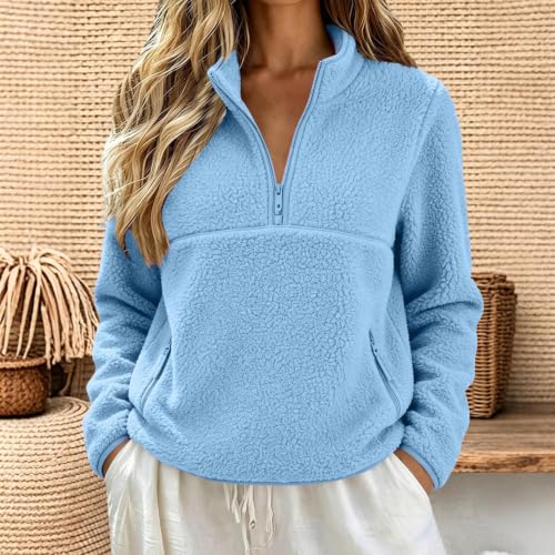 GOSEAGOTOFUN Fleece Pullover Women Quarter Zip Pullover Fuzzy Fleece Mock Neck Sweatshirt Fall Winter Fashion Warm Outfits 01-Blue Small - image 4
