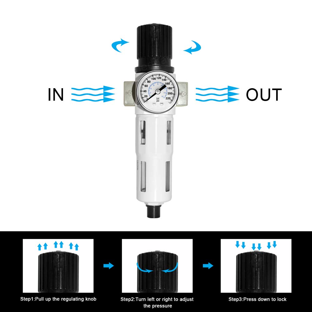 Beduan Filtro regulador de presión de aire comprimido de 1/2 pulgada NPT, separador de trampas de agua/aceite, filtro compresor de herramientas (MIDI)