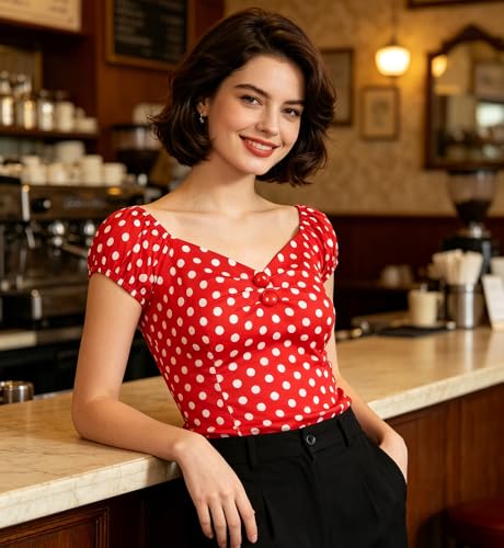 Image of YARN & INK Women's Rockabilly Tops 1950s Pinup Shirt Casual Off Shoulder Vintage Blouse