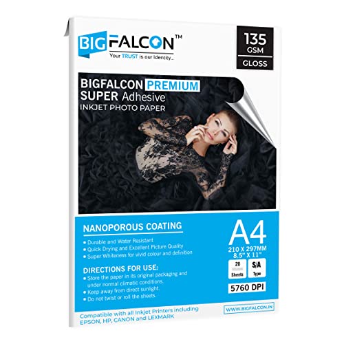 BIGFALCON Premium 135 GSM Super Self-Adhesive High Glossy Inkjet Sticker Photo Paper A4 (210x297mm) - 20 Sheets