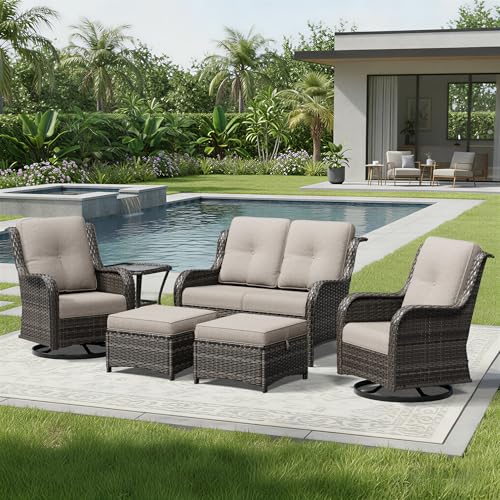 Image of Joyside 6 Piece Wicker Patio Furniture Set, Outdoor Swivel Rocker Patio Chairs with High Back, Deep Seating, Wide Armrest, Thickened Cushions, Outdoor Furniture for Deck, Porch Use