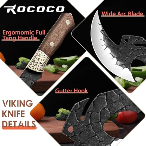Image of ROCOCO Viking Cleaver Knife Birthday - Full Tang Kitchen Axe Gift Men | Hand Forged Butcher Meat Cutting Boning Knife Home Outdoor BBQ Camping Birthday Father Mother Gift