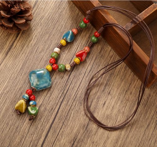 DS Boho Beaded Necklace for Women–Colorful Ceramic & African Tribal Beads, Adjustable Long Chunky Bohemian Jewelry with Gift Box Packaging,Hippie Witchy Vintage Handmade Fashion Statement Necklace3