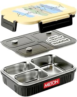 MILTON Meal Safe 3 Inner Stainless Steel Tiffin Box for School with Steam Release Plug | PU Insulated, Leak-Proof, Food Grade I Lunch Box for Kids Boys, Girls with Snap Lock Lid, 630 ml, Dark Grey
