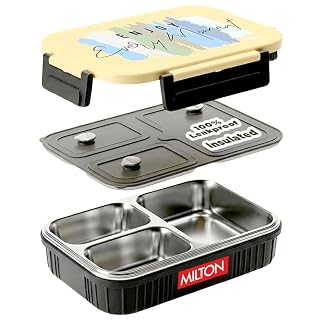 MILTON Meal Safe 3 Inner Stainless Steel Tiffin Box for School with Steam Release Plug | PU Insulated, Leak-Proof, Food Grade I Lunch Box for Kids Boys, Girls with Snap Lock Lid, 630 ml, Dark Grey - Amazon product rated Grade A
