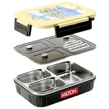 MILTON Meal Safe 3 Inner Stainless Steel Tiffin Box for School with Steam Release Plug | PU Insulated, Leak-Proof, Food Grade I Lunch Box for Kids Boys, Girls with Snap Lock Lid, 630 ml, Dark Grey