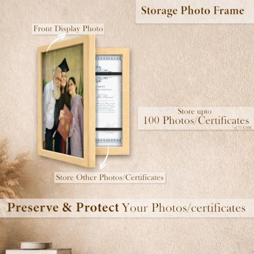Image of Wooden Document Photo Frame with Storage, Certificate Holder Frame for Wall Mount & Tabletop | Memory Frame for Birth Certificate, Awards & Photos | Premium Finish ( Beige, Size 9.2X12.6 Inch )