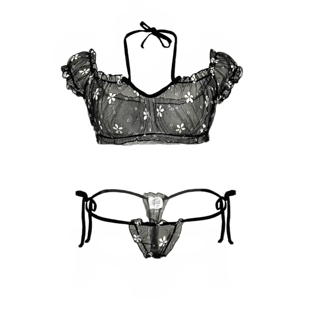Sexy outfit Damskie seksowne biustonosze i majtki w kropki komplety bielizny Babydoll Strappy przezroczyste wykończone frędzlami bielizna z uroczą kokardką G String