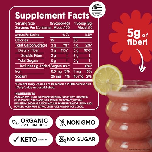 Image of Bellway Super Fiber Powder + Fruit, Sugar Free Organic Psyllium Husk Powder Fiber Supplement for Regularity, Bloating Relief & Digestive Health, Plant-Based, Raspberry Lemon (50 Servings)
