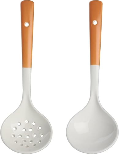 Vista 4 de Juego de 2 cucharones de cerámica con cucharón grande para sopa con espumadera, cucharones ranurados, cucharones de cocina, cucharas coladoras