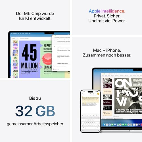 Apple 15" MacBook Air Laptop, M5 Chip mit 10‑Core CPU und 10‑Core GPU: Entwickelt für KI, 15,3" Liquid Retina Display, 16 GB gemeinsamer Arbeitsspeicher, 1 TB SSD, Touch ID, WLAN 7; Silber 5