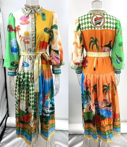 Image of Qikaka Women's Long Puff Sleeve Lapel Button Printed A-Line Sexy Nightclub Vacation Beach Belted Dress