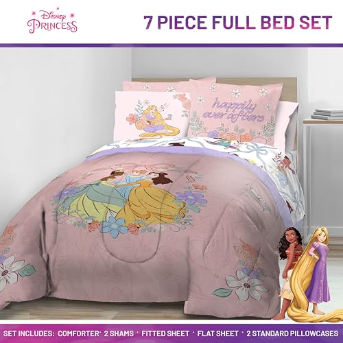 Image of Disney Princess Full Size Comforter Set 7 Piece Kids Bedding, Pink | Cinderella Rapunzel Belle, Bed in a Bag, Comforter Sheets Shams Pillowcases, Soft Microfiber, Machine Washable, Girls Gift