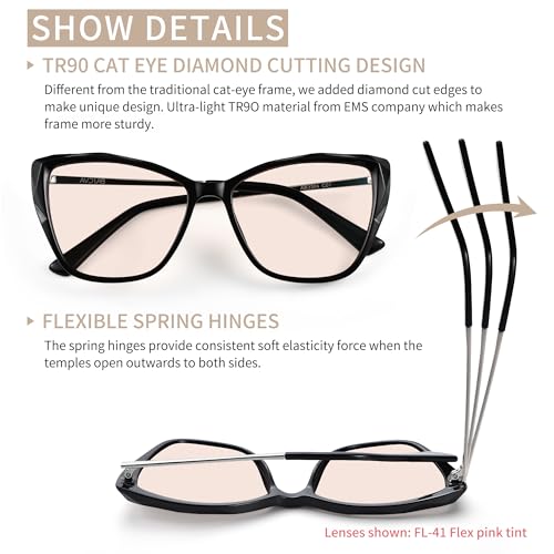 Image of Indoor FL-Flex Fluorescent-41 Light Pink Tinted Blue Light Blocking Glasses Cat Eye Migraine Light Sensitivity Photophobia Fluorescent LED Glare Women AB3304(Black Frame Light Rose Lens)