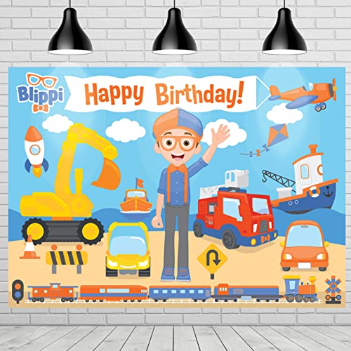 Treasures Gifted Blippi Birthday Party Supplies - Blippi Vehicle Backdrop - 4.25ft Tall x 6ft Wide Happy Birthday Backdrop - Large Blippi Birthday Banner - Blippi Party Decorations for Wall