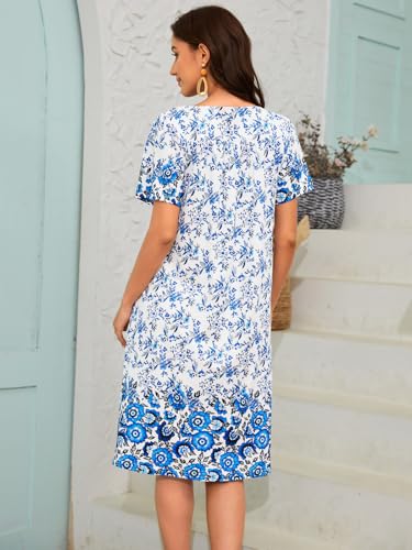 Image of CRIPOM Womens Nightgown Short Sleeve House Dress with Pockets-Floral Print Mumu Dress S-3XL