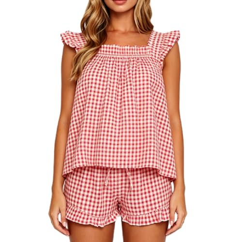Image of SOOKABEILA Women 2 Piece Lounge Set Sleeveless Striped Cami Peplum Top Boxer Shorts Loose Ruffle Matching Pj Sets Outfits